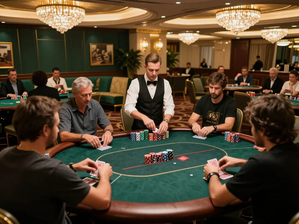 Players strategizing at VIP poker table in Nhà Cái F168 casino, showcasing thrilling gameplay and elegance