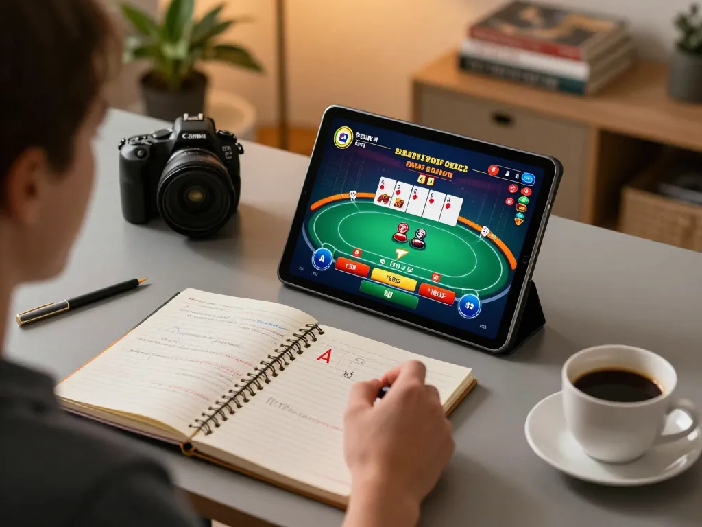 Player engaging in mb66 online poker game with strategic notes and cozy home elements