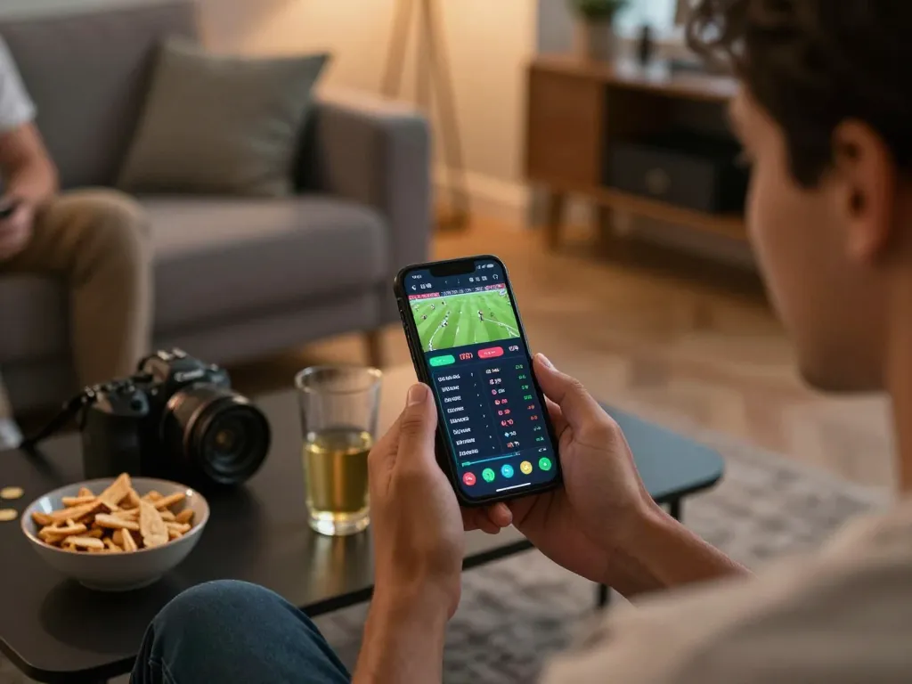 uu88 user placing sports bets on smartphone while enjoying a friendly atmosphere at home