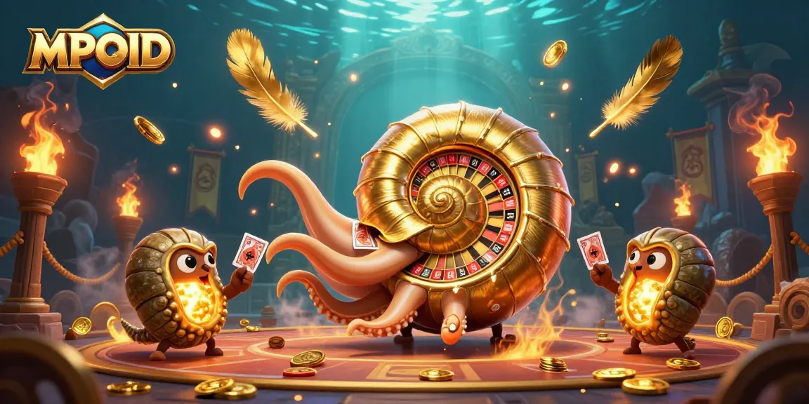 Experience max wins with MPOID's vibrant 3D casino illustration featuring a giant nautilus and glowing ammonite companions.