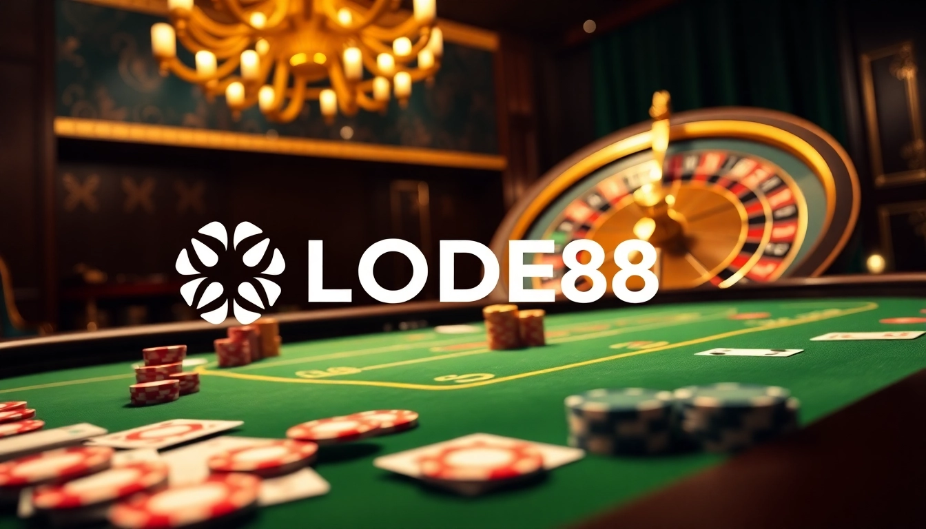 Engage with LODE88's thrilling online poker experience featuring vibrant chips and an elegant table.
