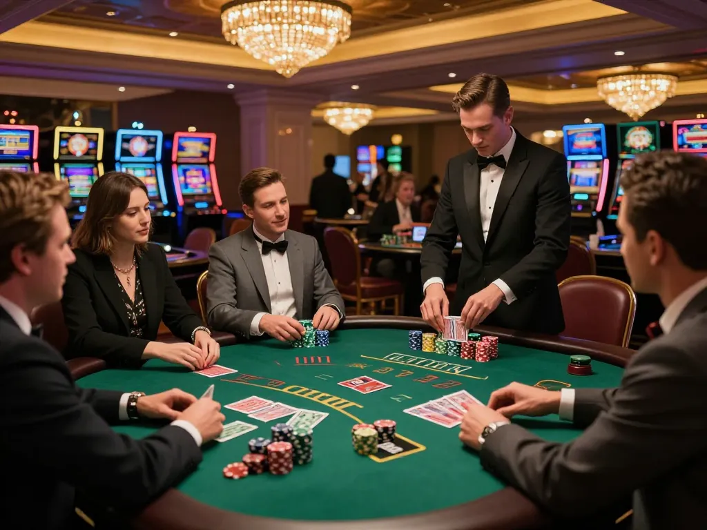 cm88 blackjack table action with players interacting and a dealer shuffling cards in an upscale casino setting