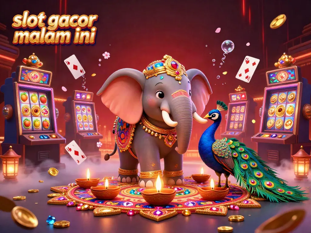 Slot gacor malam ini menggambarkan suasana kasino dengan elemen menakjubkan dan karakter warna-warni.