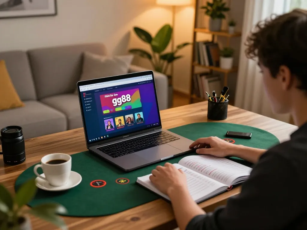 Online gambler engaging with nhà cái gg88 on a laptop, emphasizing responsible gaming in a cozy home setup.