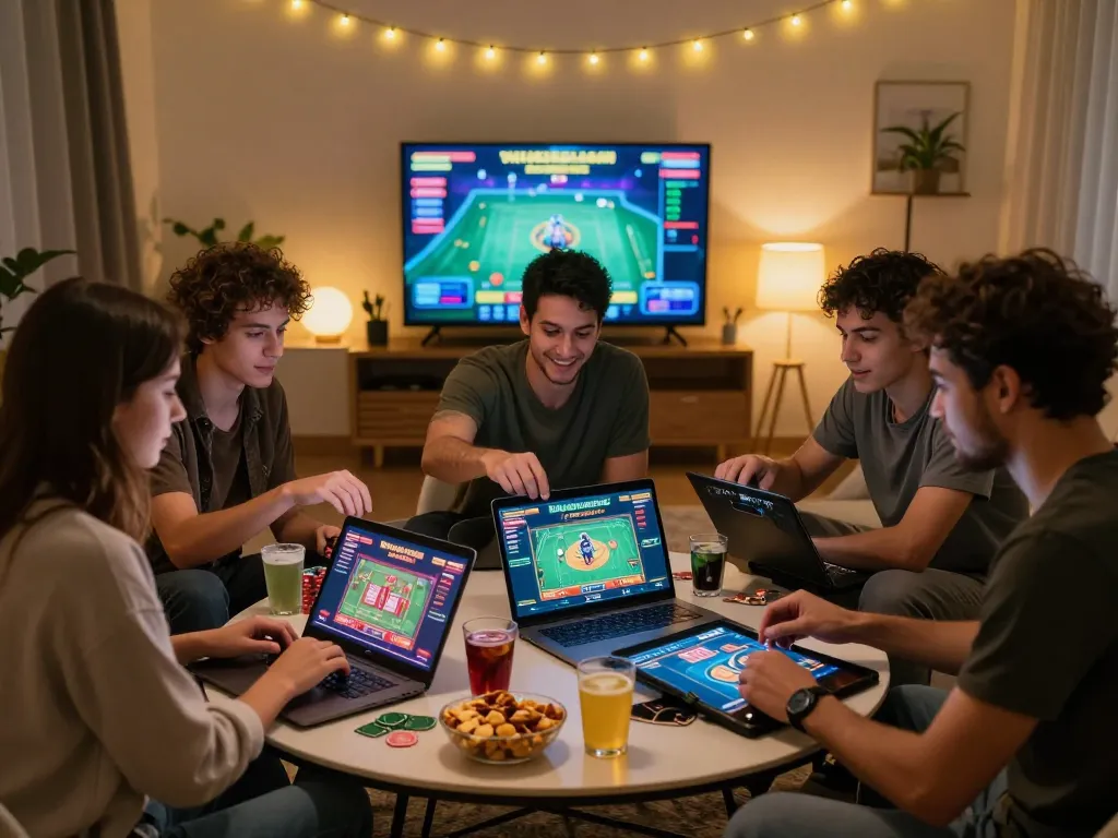 Friends enjoying online gaming at https://hitclub9.us.com/ in a cozy atmosphere with snacks and drinks.