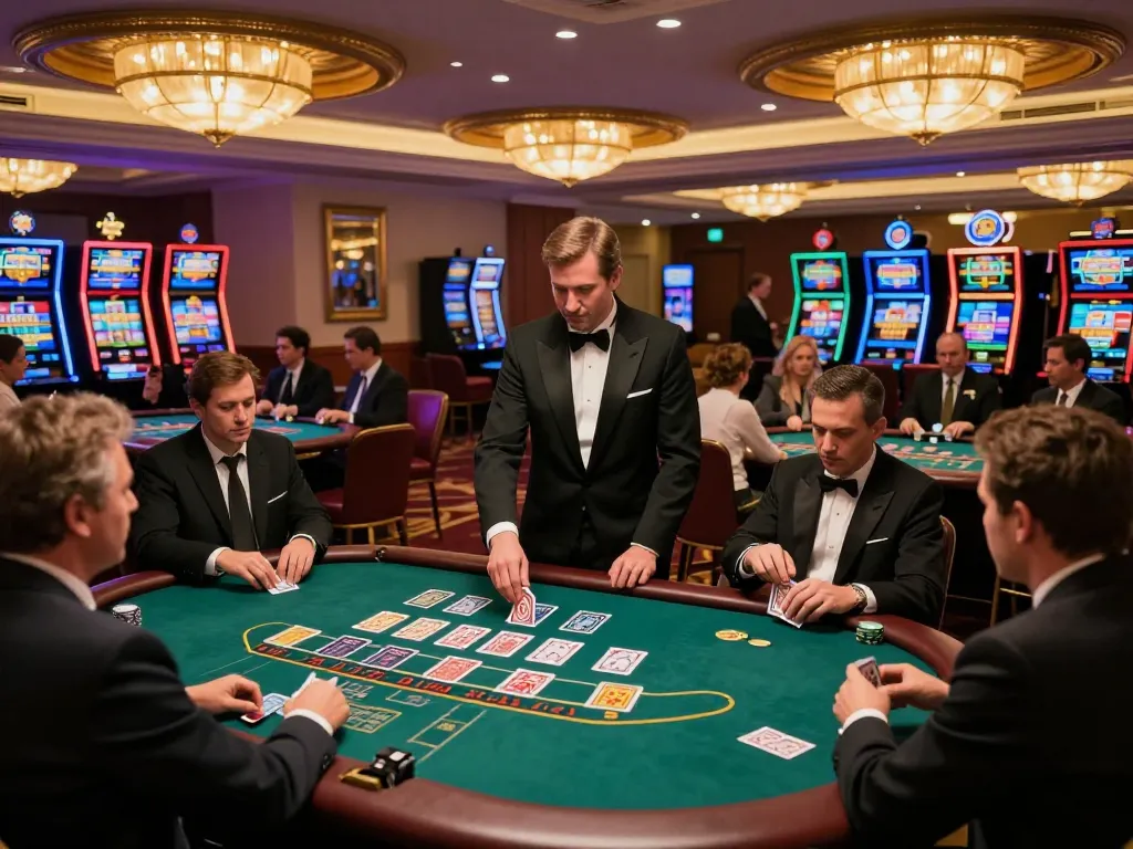 Engaged players at mb66 blackjack table focusing on cards during an upscale casino night.