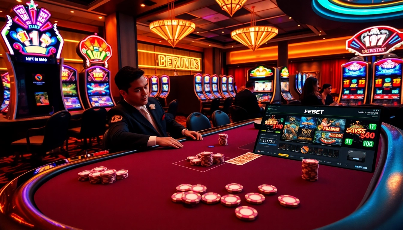FEBET displays an exciting poker table scene with vibrant chips and cards.