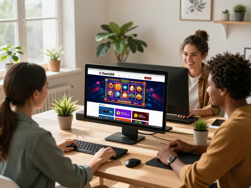 Shoppers excitedly exploring Dash88 website for easy wins on slot games.