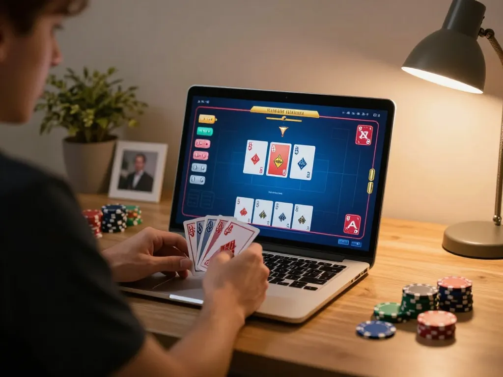 Engaging in online poker game with ทางเข้า m104 on the laptop screen, highlighting gameplay strategy.