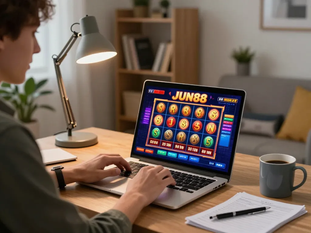 Player enjoying JUN88's exciting slot games on a laptop in a cozy home office.