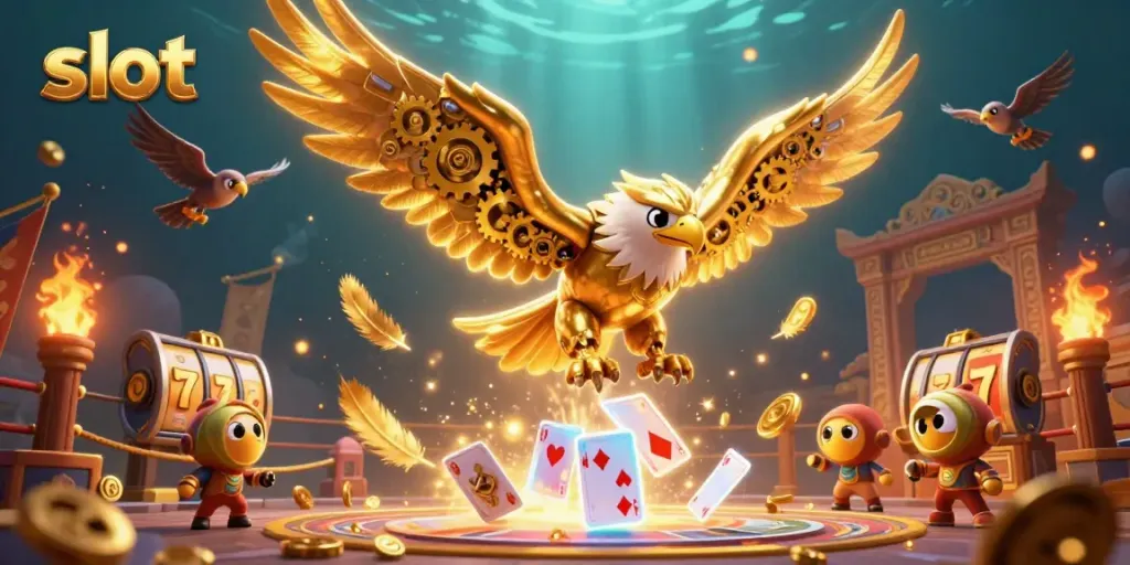 Experience thrilling slot action with a golden eagle diving through vibrant holographic playing cards.