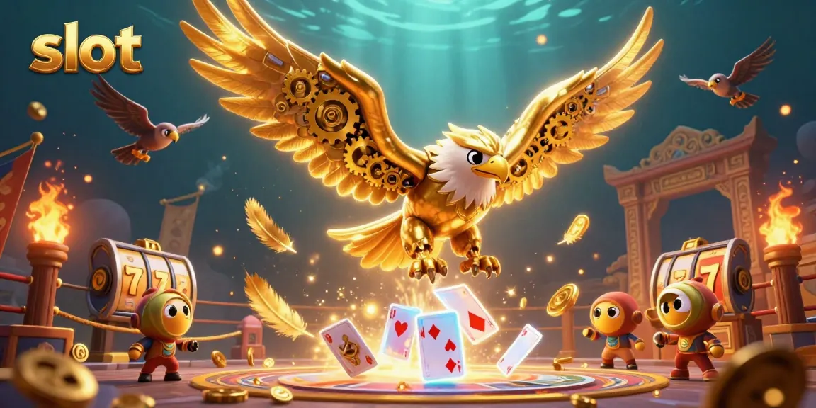 Experience thrilling slot action with a golden eagle diving through vibrant holographic playing cards.