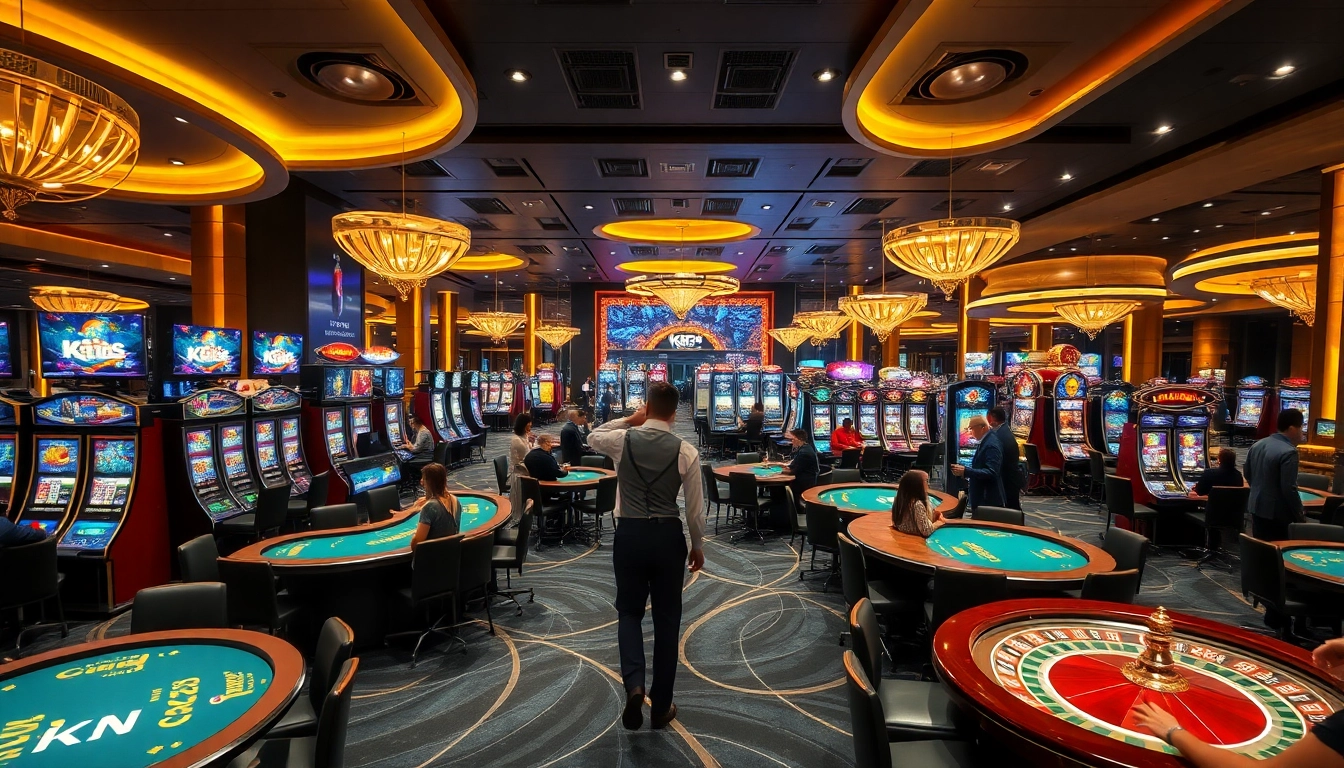 KJC gaming floor with players enjoying slots and poker in a luxurious casino setting.