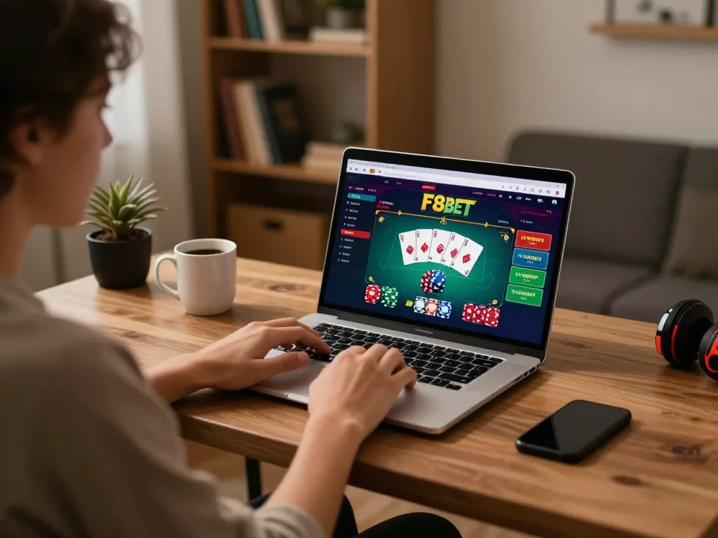 Engaging in online poker at F8BET with a cozy home office setup showcasing vibrant gaming action.