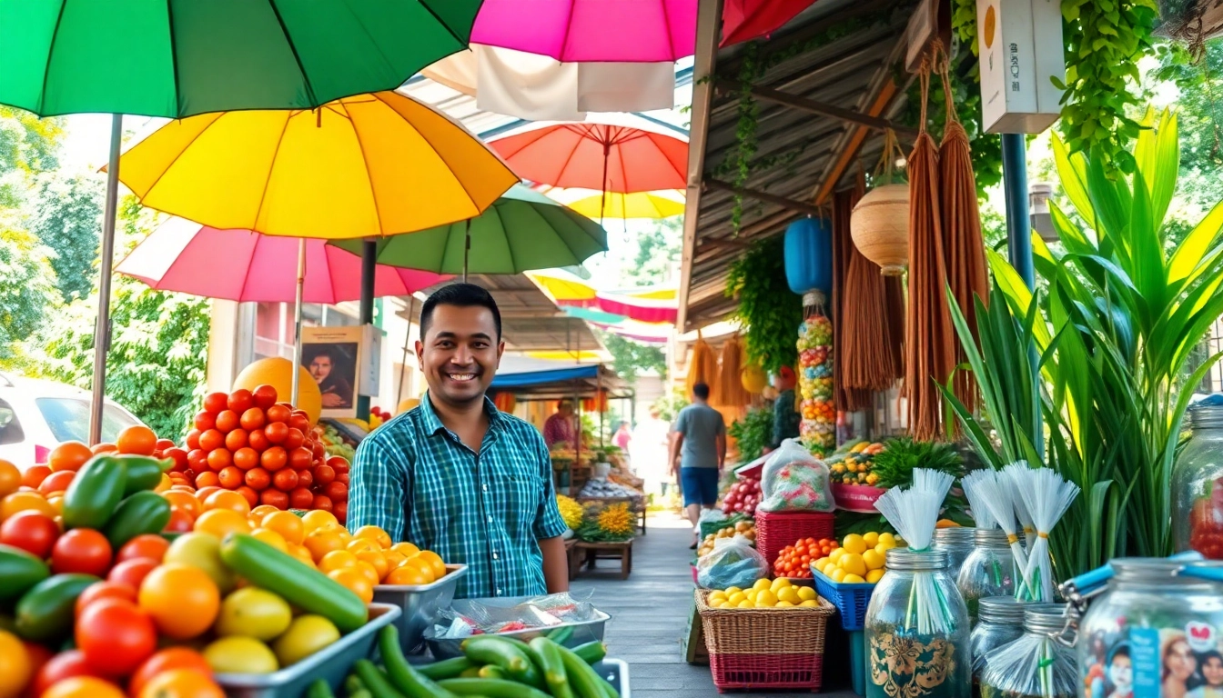 ตลาดสด 8siam ที่มีผู้คนและสินค้าหลากหลายสีสัน