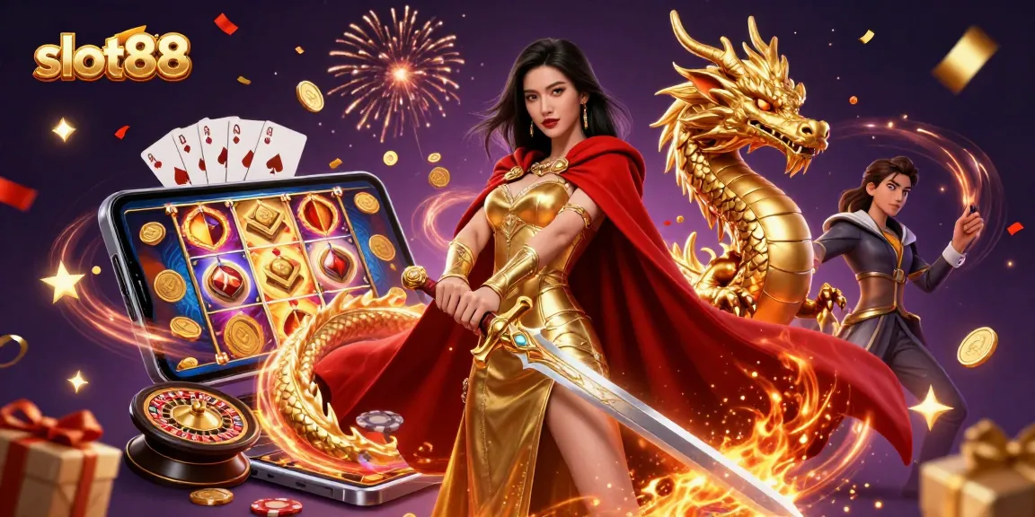 Experience thrilling wins with slot88 featuring a warrior queen amidst vibrant casino games and symbols.