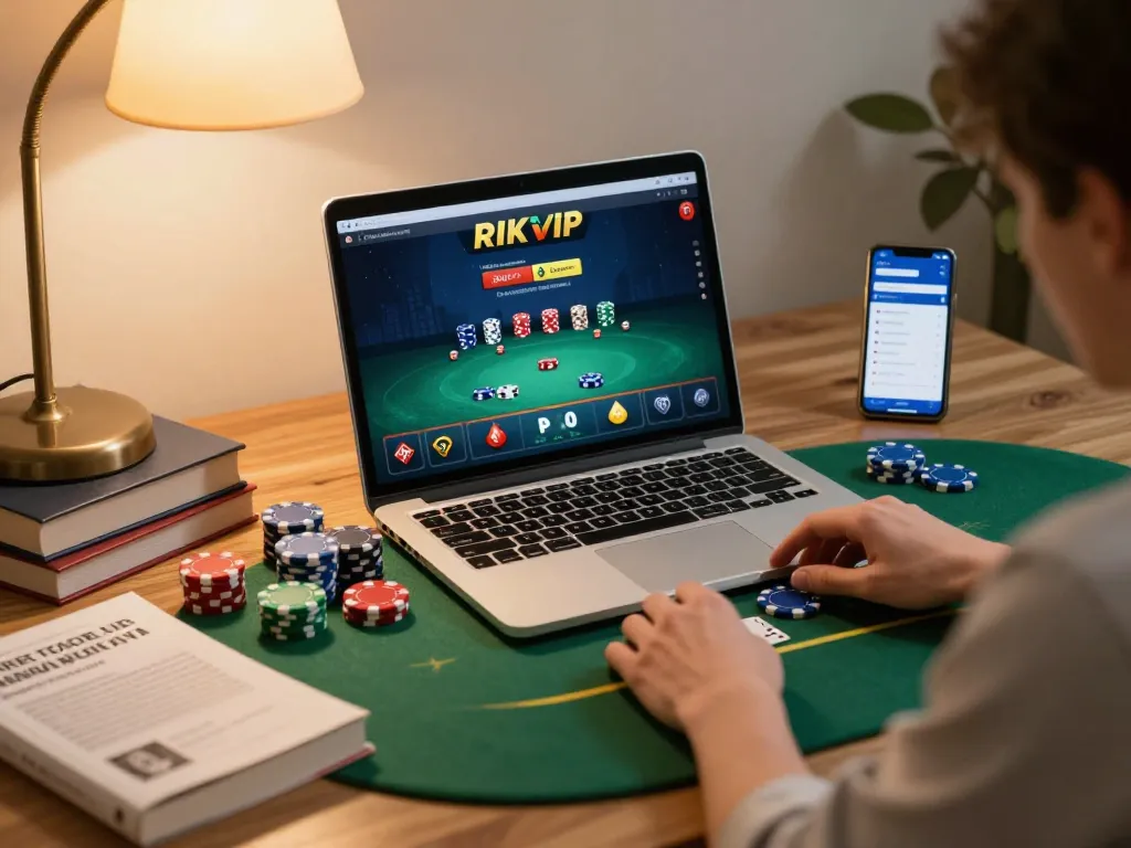 Player strategizing in an online poker game using RIKVIP, surrounded by poker chips and gaming notes.