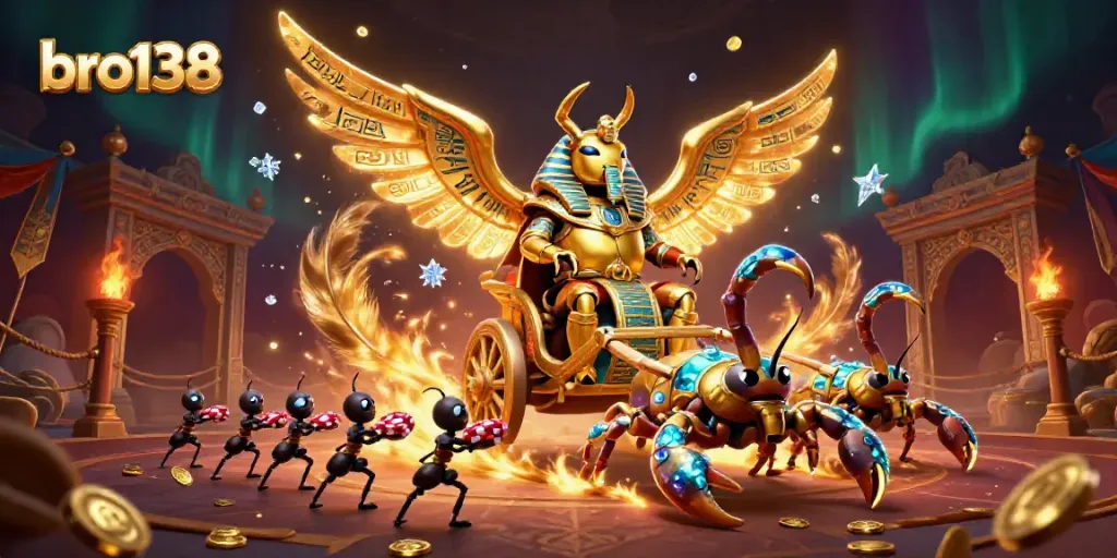 Engage in thrilling gameplay at bro138 with a golden scarab and scorpions surrounded by casino tokens.
