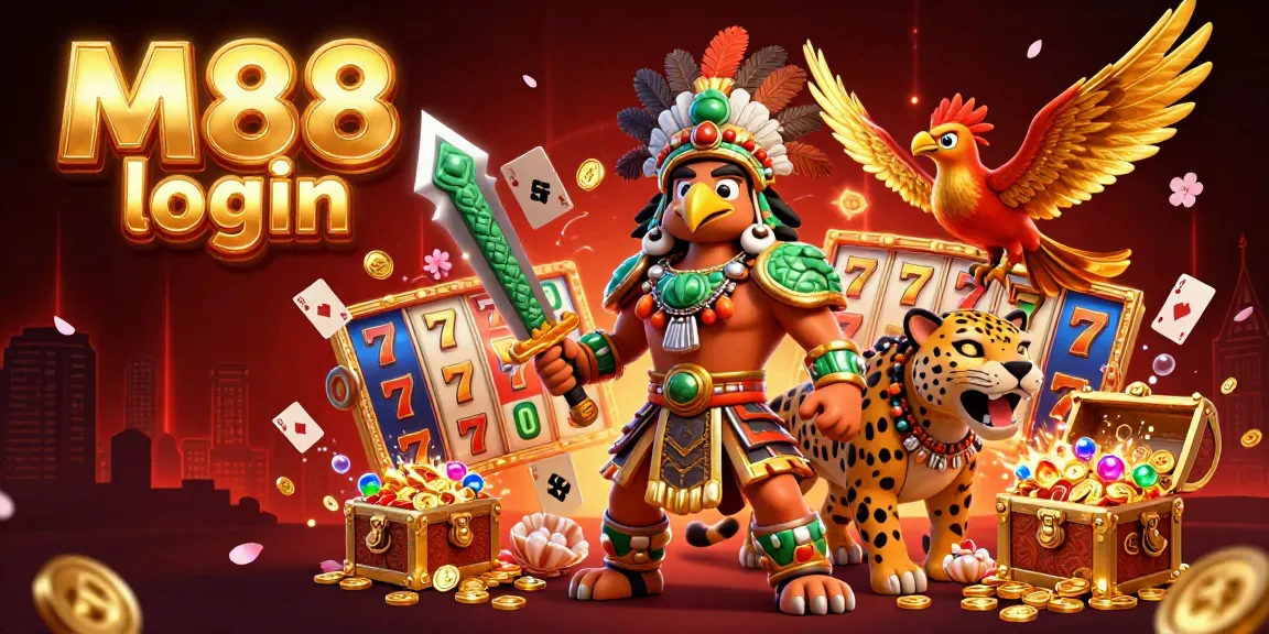 M88 login to experience thrilling online casino action with detailed characters and game elements in this vibrant illustration.