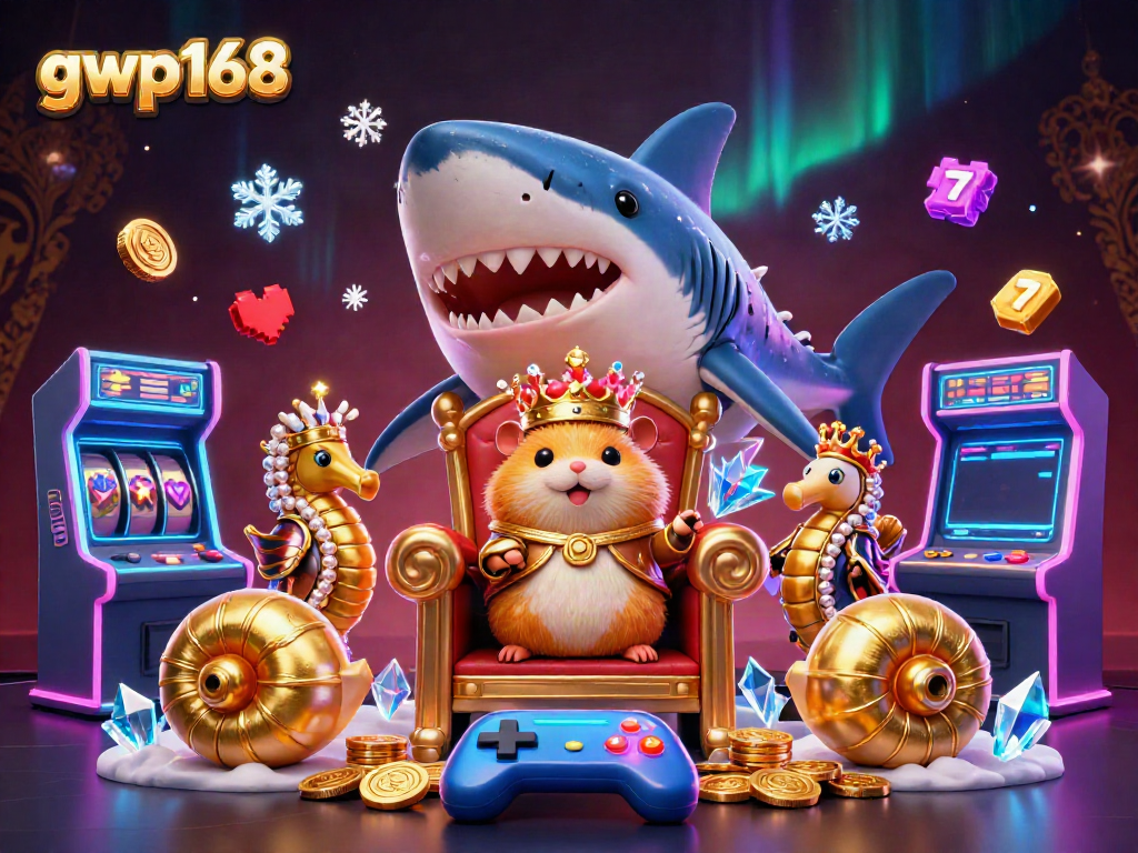 Permainan gwp168 di bawah sinar cahaya aurora, raja hamster berlian duduk di atas kursi megalodon sementara pengawal bercahaya siap melayani.