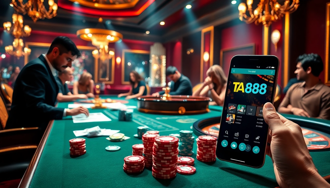 Players enjoying a high-stakes game with the tải ta88 app on a mobile device amidst vibrant casino decor.
