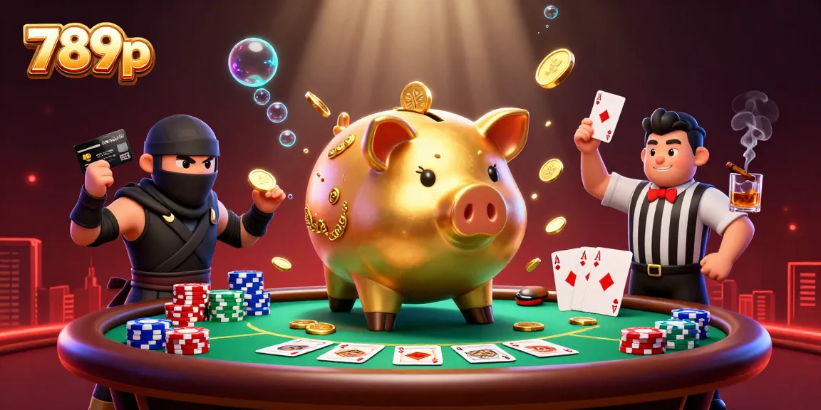Experience the thrill of 789p with a dynamic 3D illustration featuring gaming elements like poker chips and a golden piggy bank hero.