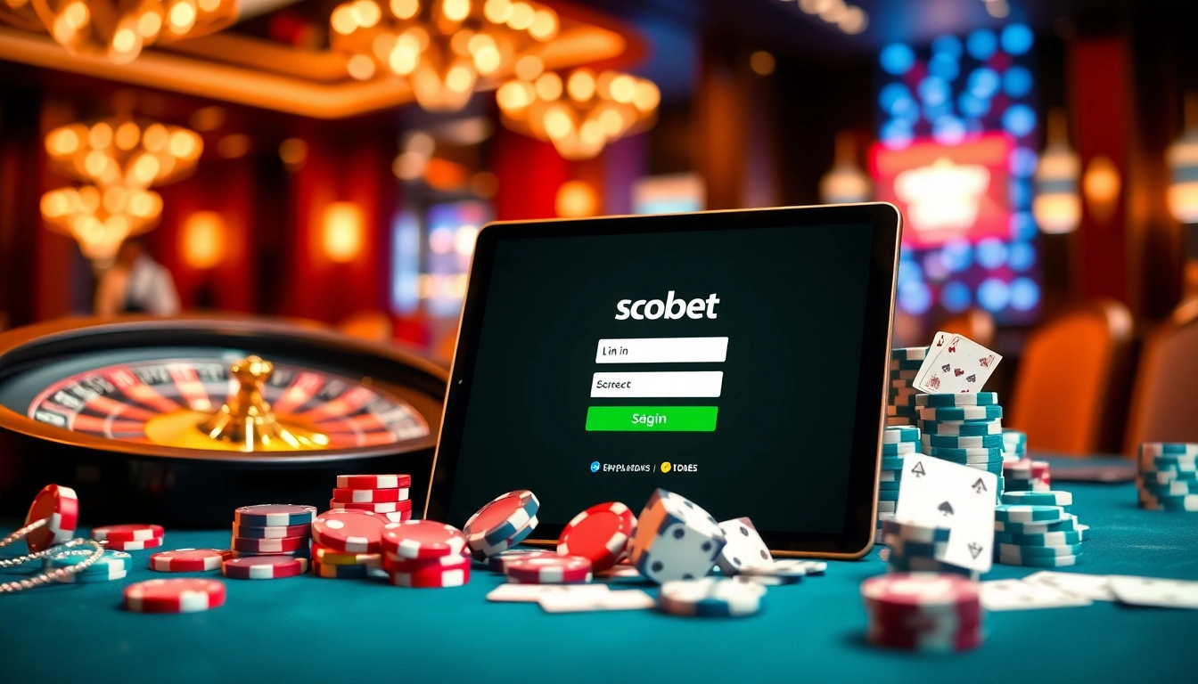 Engage with the sbobet link login in a luxury casino setting filled with poker chips, dice, and cards.