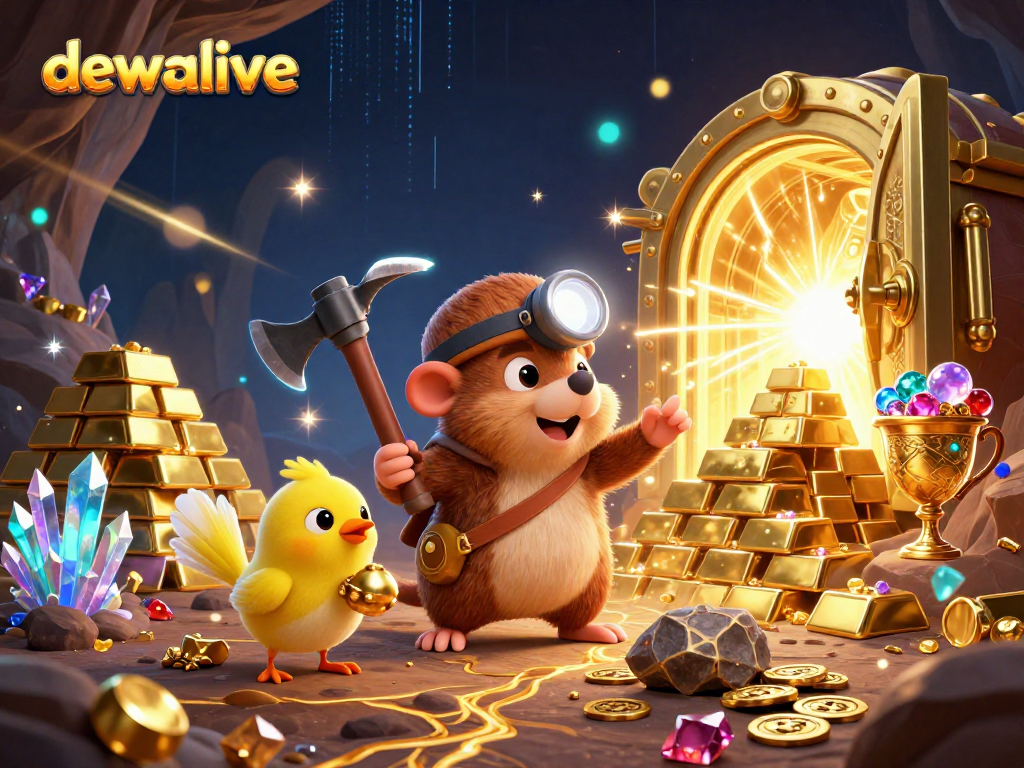 Dewalive menghadirkan petualangan seru miner beruang, menemukan emas dan permata di dunia game online.