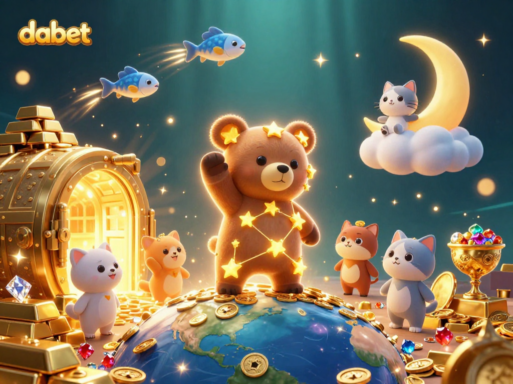 Experience excitement with dabet's 3D cartoon universe showcasing glittering treasures and lively characters.