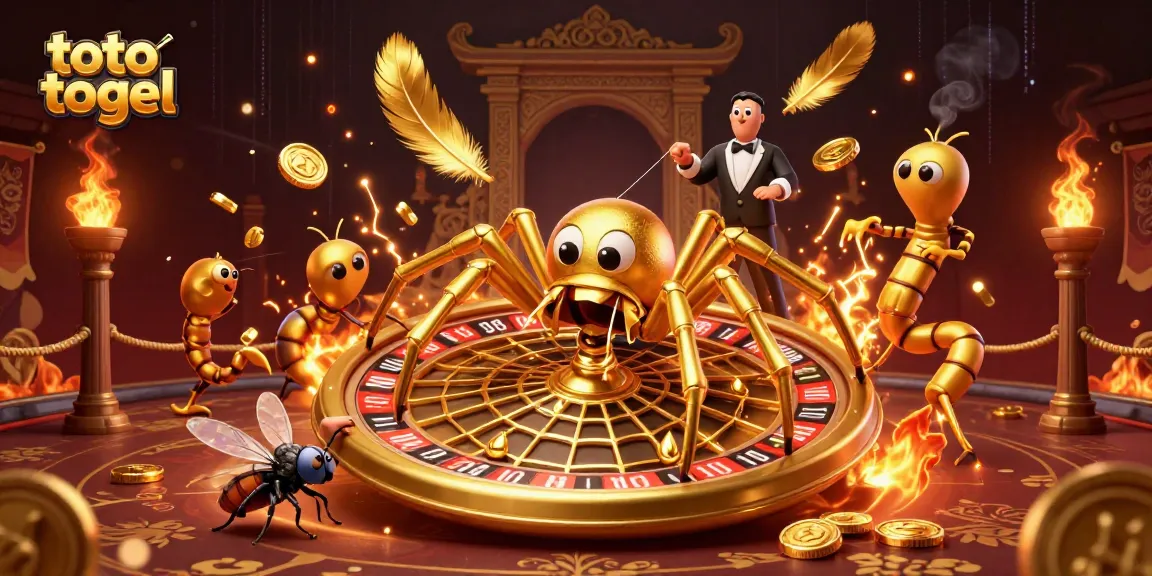 Explore the excitement of toto togel with a cartoon spider and centipede croupier in a vibrant gambling scene.