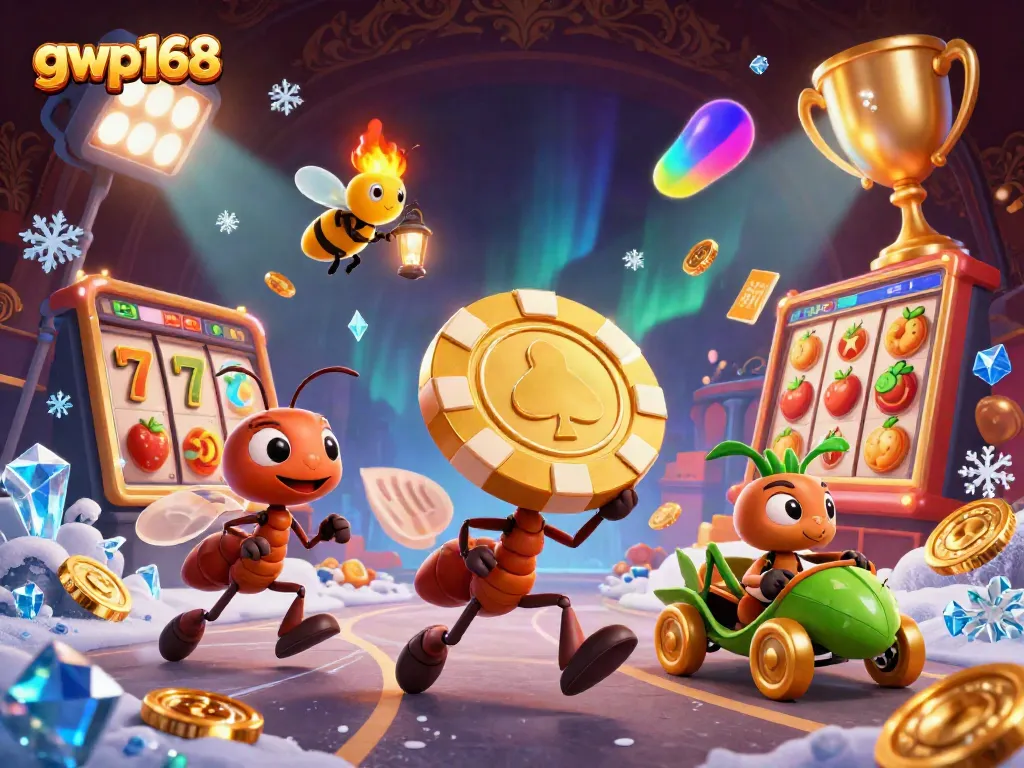 GWP168 merayakan keberuntungan di kasino dengan pengantar koin emas dan simbol jackpot.