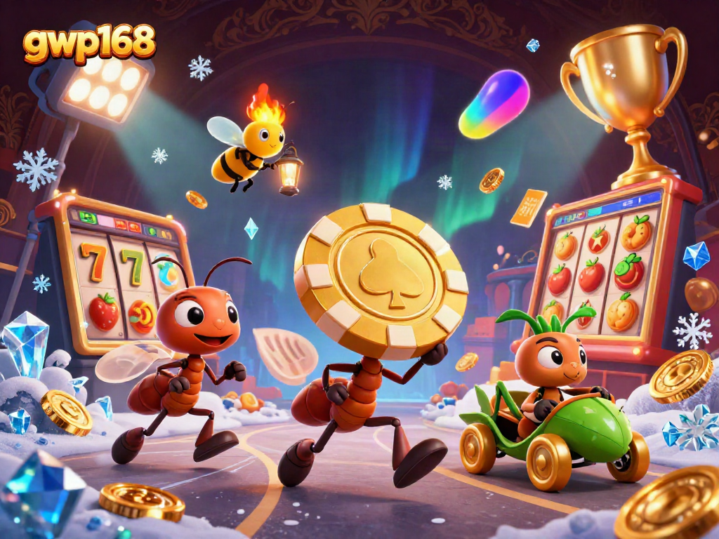GWP168 merayakan keberuntungan di kasino dengan pengantar koin emas dan simbol jackpot.