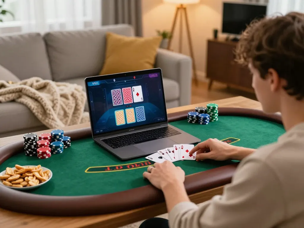 Win678 player enjoying live blackjack game on laptop at home, showcasing engaging online gambling experience.