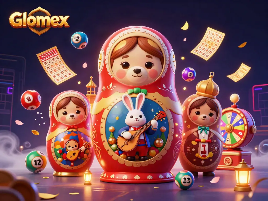 Glomex showcases an energetic casino scene with Matryoshka bears and vibrant lottery elements.