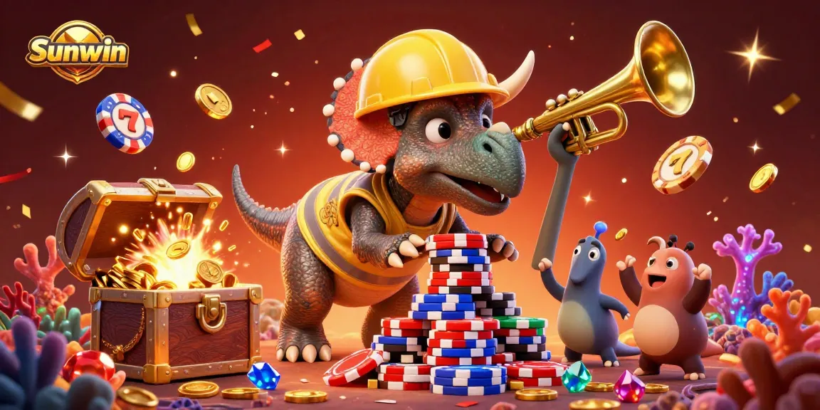 Engage in exciting gameplay at Sunwin with vibrant 3D characters celebrating big wins amid floating slot games and gold.