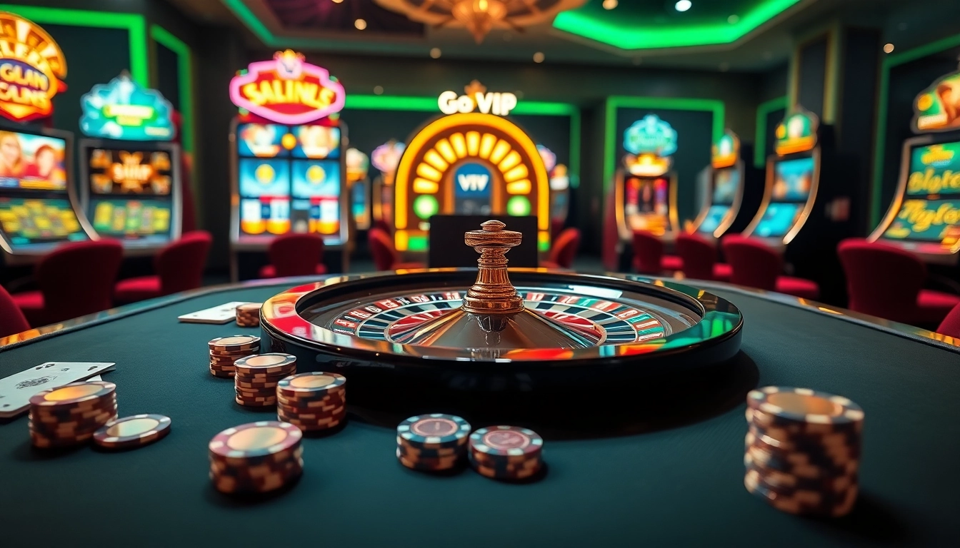 Experience the thrill of Go88 VIP with a luxurious casino gaming table, vibrant lights, and dynamic slot machines.