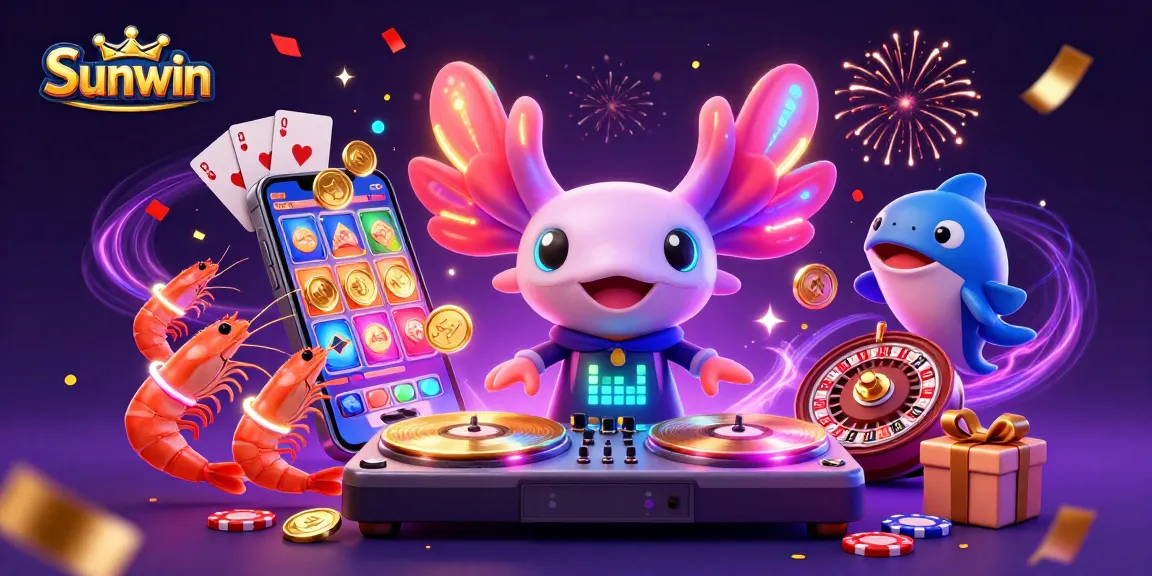 Experience excitement at Sunwin with dynamic casino elements and colorful characters in vibrant illustration.