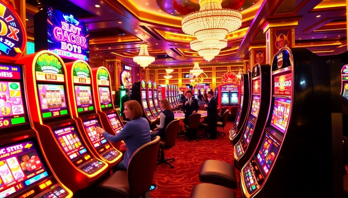 Players exhilarated while trying their luck on slot gacor machines in a vibrant casino setting.