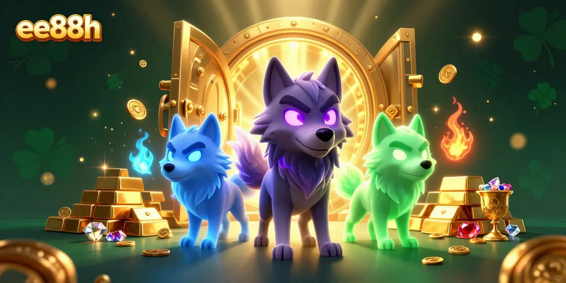 Spin and win at ee88h with vibrant wolf characters and golden treasures in an exciting casino scene.