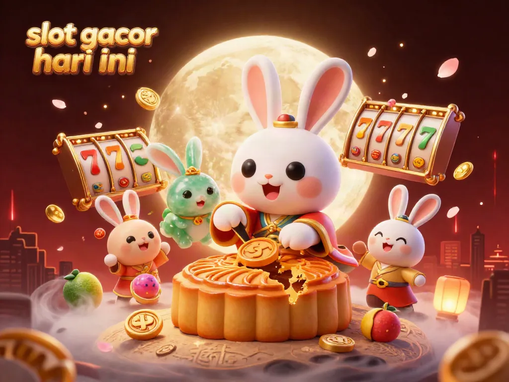 Slot gacor hari ini dengan ilustrasi 3D kelinci bulan tradisional sedang memukul kue bulan di permukaan bulan, melambangkan kesenangan judi.