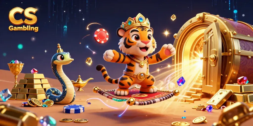 Experience thrilling CS Gambling with a majestic sultan on poker chip carpet amidst treasures.