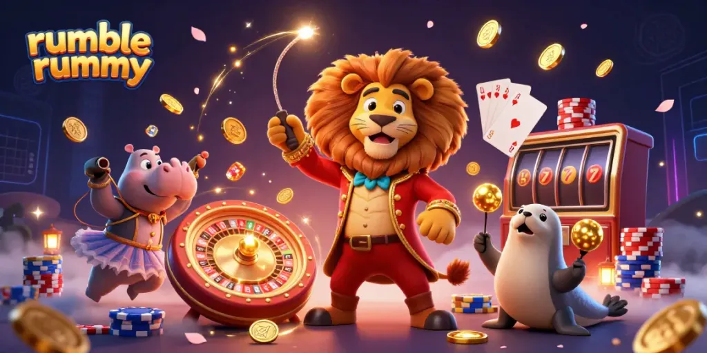 Experience the excitement of rumble rummy with animated casino characters surrounded by thrills and gaming essentials.