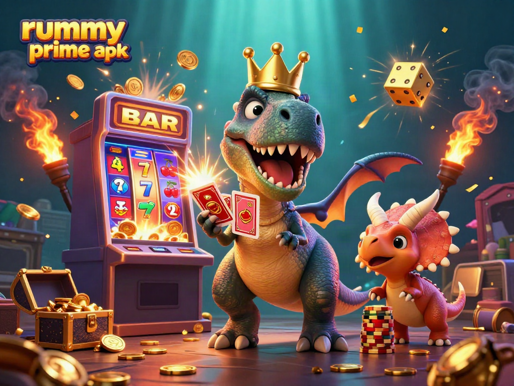 Win big with rummy prime apk as a T-Rex shuffles cards and a baby triceratops stacks coins!