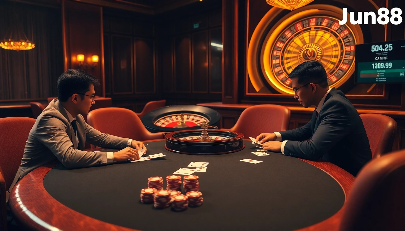 Players enjoy a thrilling poker game at Jun88's luxurious casino, surrounded by exciting gambling elements.