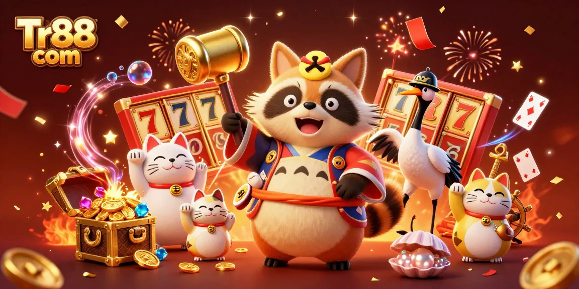 Engage with thrilling casino excitement at Tr88 com while celebrating with lucky tanuki and colorful cat companions.