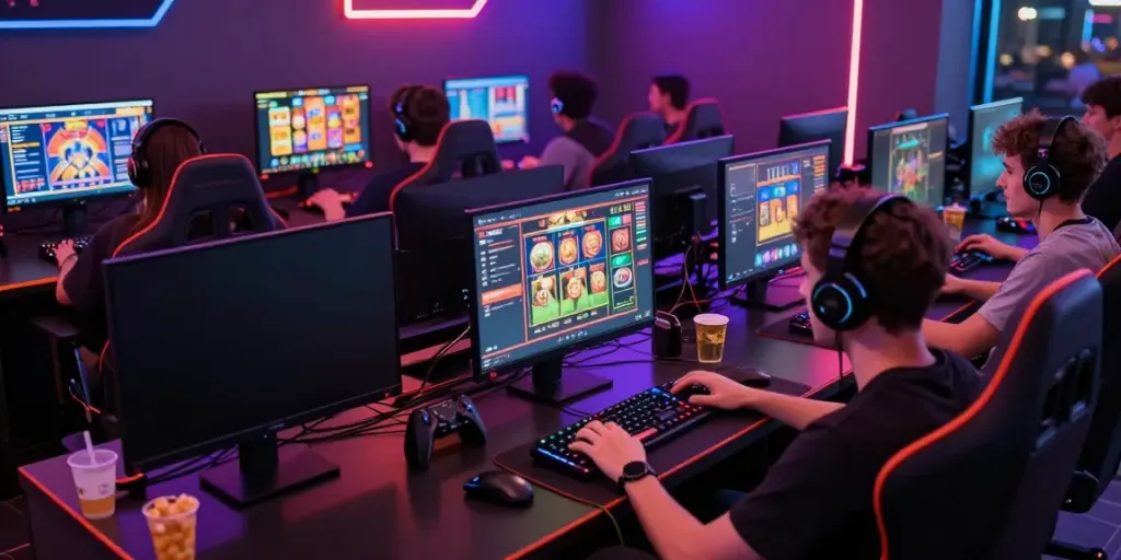 Mahjong118: Pemain menikmati permainan slot online di lounge gaming modern dengan suasana ceria.