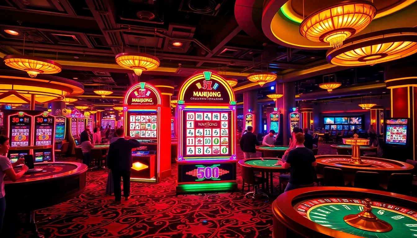 Pemain yang terlibat menikmati Mahjong Ways di mesin slot kasino mewah yang dikelilingi oleh kegembiraan.