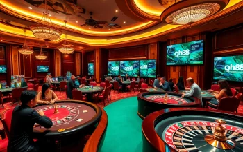 Engaged players at qh88 casino tables in a luxurious gambling setting.