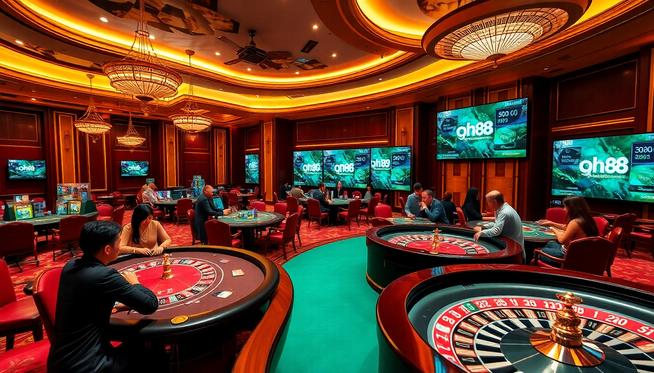 Engaged players at qh88 casino tables in a luxurious gambling setting.