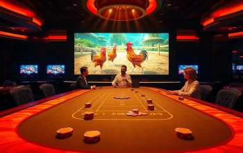 Exciting scene of đá gà xn88 betting at a luxurious casino table with vibrant visuals.